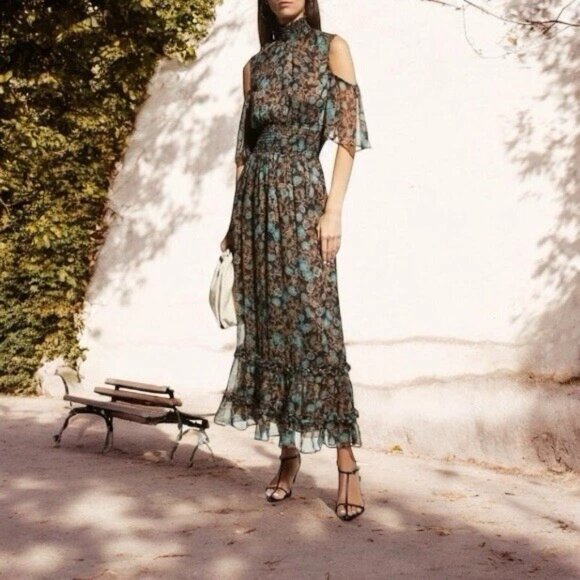 Misa Sz M Black Gold Leaf Floral Maxi Dress Cold Shoulder Smocked Mock Neck - Picture 5 of 16